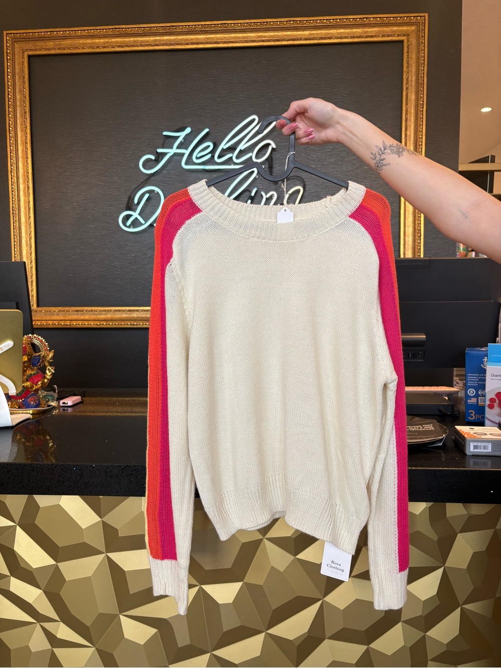 Cream Crewneck Sweater with Pink & Red Stripe Sleeves